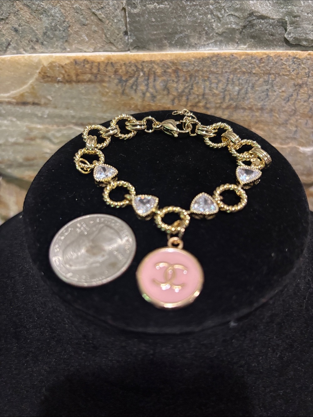 Gold Chain Charm Bracelet with Pink Enamel CC Logo Disc - Picture 4 of 4